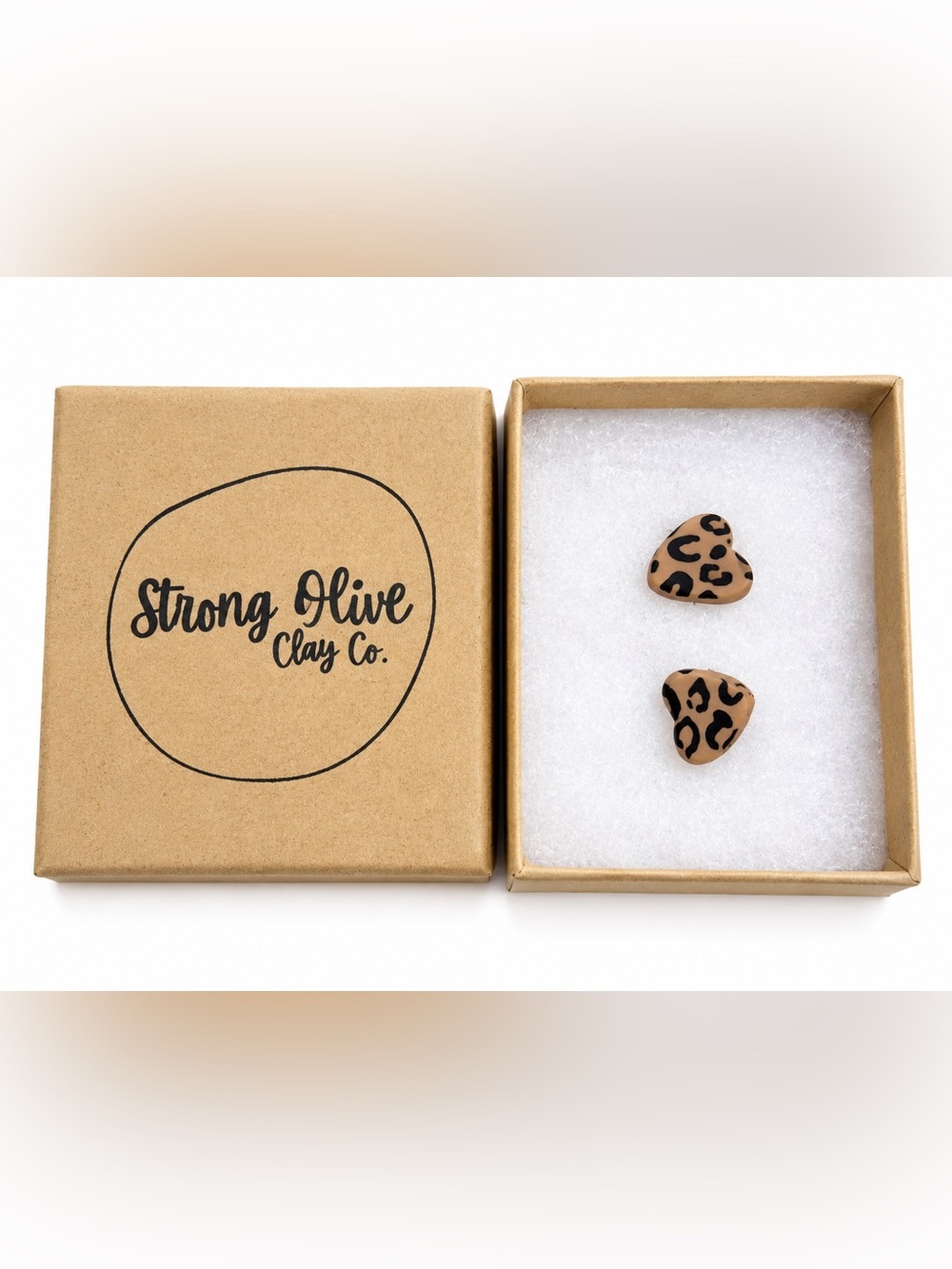 Strong Olive Clay Co. Leopard Heart Stud Earrings Handmade New in Box